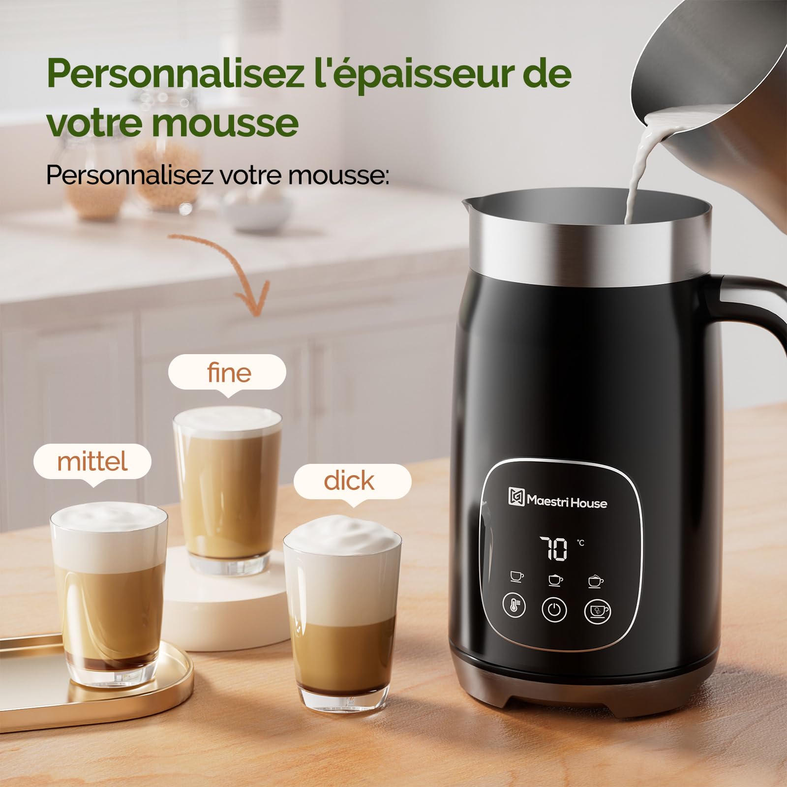 Maestri House Mousseur à Lait 4 en 1, 400 ml Tactile Réglable