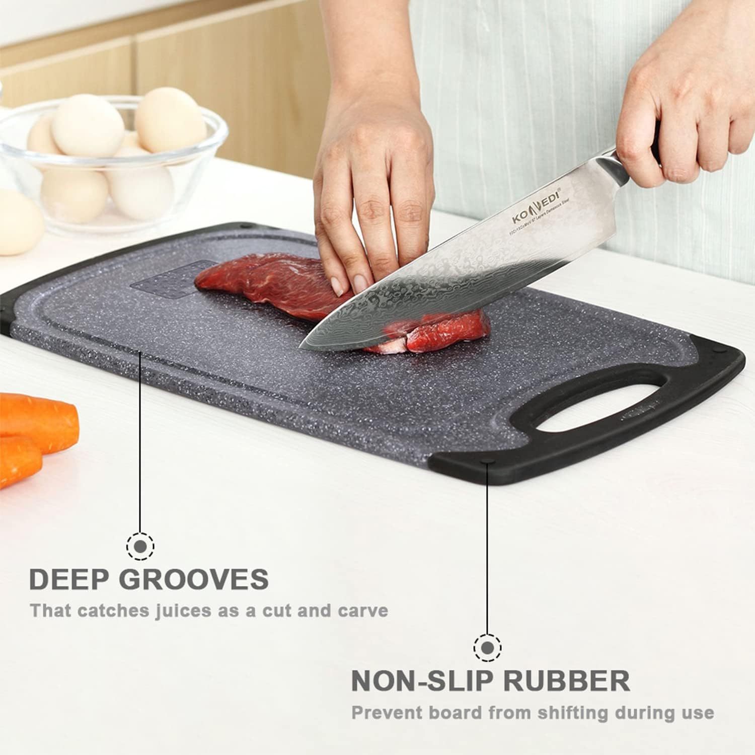 Plastic Cutting Board, 3 Pieces Dishwasher Safe Cutting Boards with Juice Grooves, Easy Grip Handle, Non-Slip, with Grinding Area for Grinding Garlic and Ginger（Dark Grey, XL）