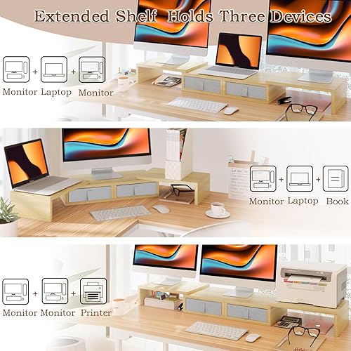 Miniatura 2 de TEAMIX Soporte elevador de monitor doble, soporte de monitor blanco ajustable de longitud y ángulo con 2 cajones para almacenar gran elevador de