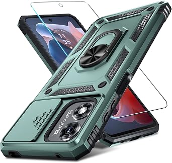 Janmitta Compatible with Moto G Play 2024 Case Built in Slide Camera Lens Cover+Screen Protector+Ring Holder,Heavy Duty Shockproof Full Body Protective Phone Cover,Dark Green