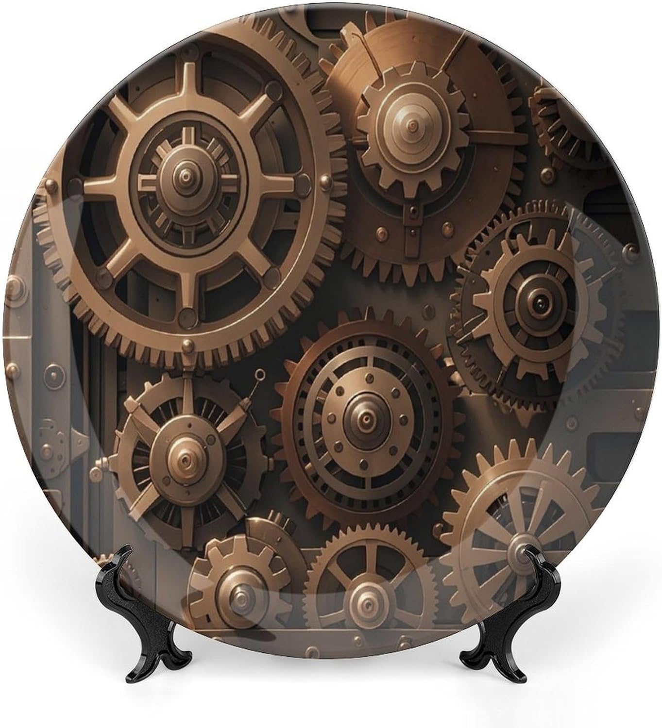Steampunk Mechanical Gears Decorative Ceramic Plate Round Porcelain Plate Decor Personalized Bone China Decorative Plates Ceramic Ornaments Dessert Plates with Display Stand 8inch