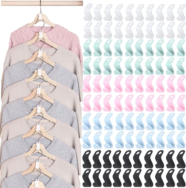Timisea 100PCS Clothes Hanger Connector Hooks | Super Space Saving Clothes Clips| Multi-Layer Closet Organizer Hanging Clips | for Cabinets Wardrobe Closet Coat Bag Belts,Multicolor