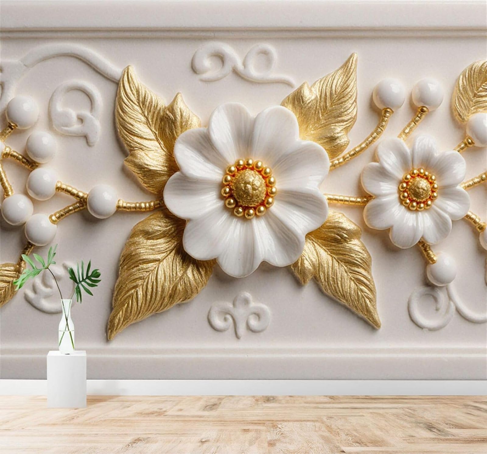 Xlming 350Cm×256Cm(B×H) Relief White Flowers Golden Leaves Floral Pattern 3D Wallpaper Silky Texture Home Study Office Grey Dining Room Sofa Bedroom Living Room Tv Backdrop-350Cm×256Cm