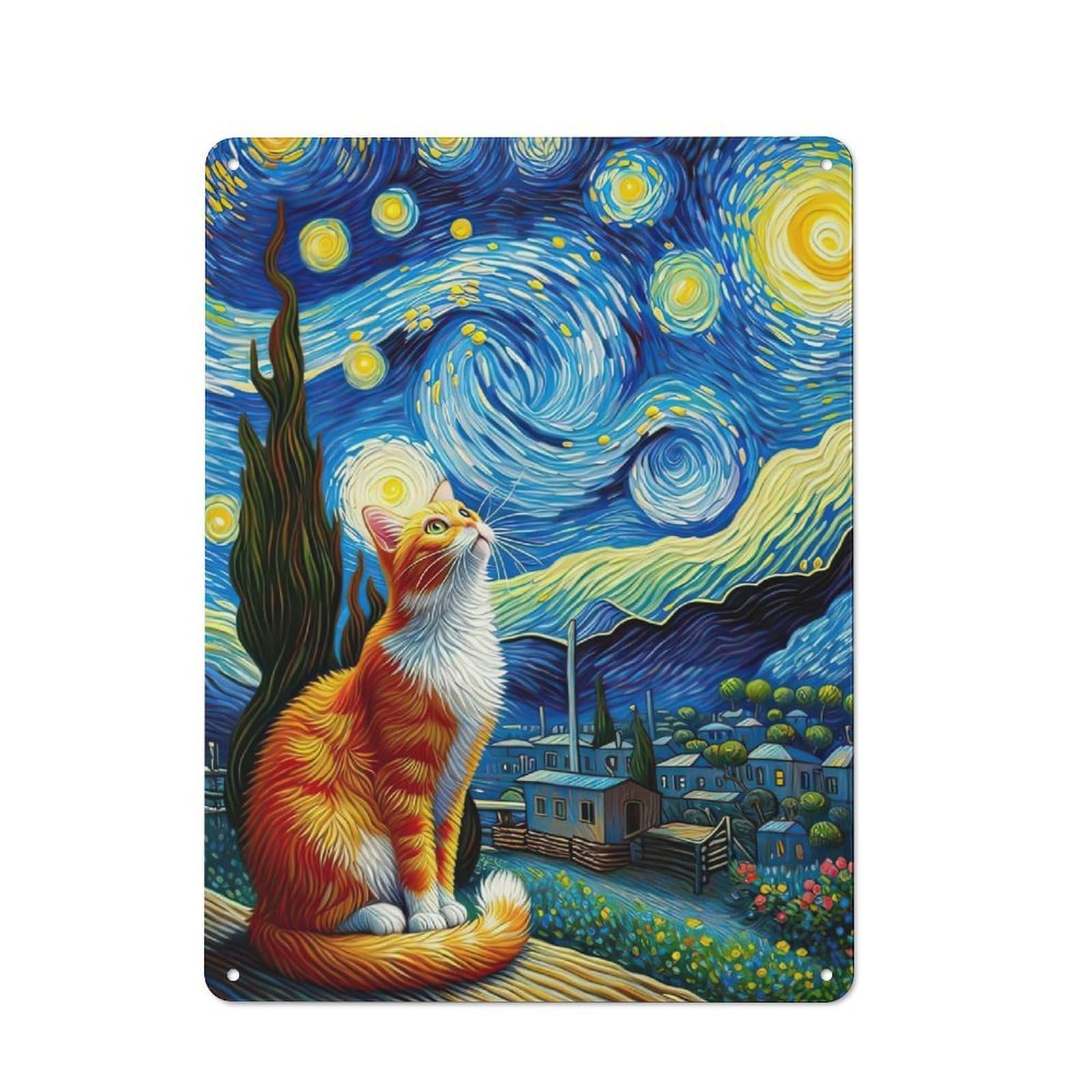 Junmoney Starry Night Cat Orange Workshop Style Tin Sign 40X30cm, Garage Wall Decor For Tool Room, Garage, Studio Or Home Bar