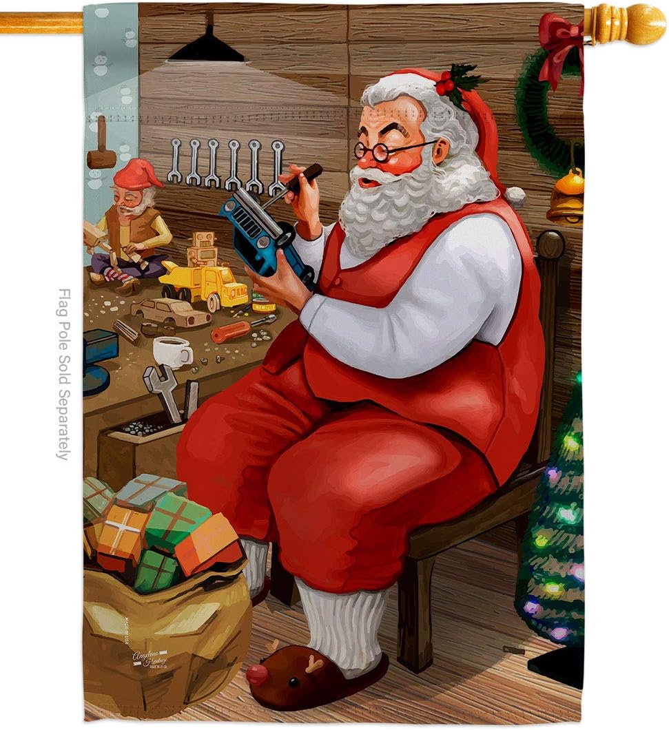 H137301-BO 28 x 40 in. Santa Workshop House Flag with Winter Christmas Double-Sided Decorative Vertical Flags Decoration Banner Garden Yard Gift