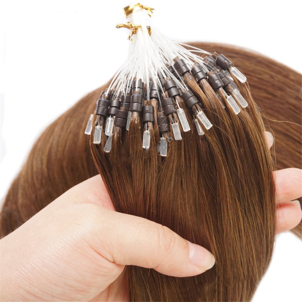 1G/S Double Silicone Remy Loop Micro Ring Beads Human Hair Extensions Straight Hair (16" 100S, Chocolate Brown)