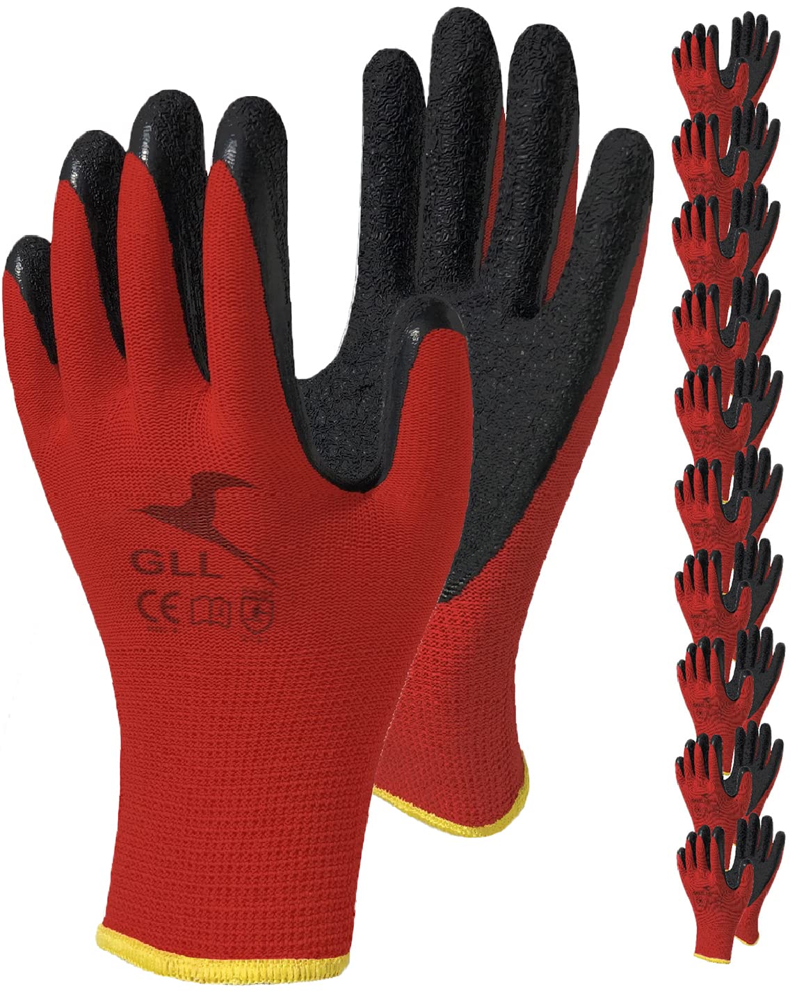 Arbeitshandschuhe Latex-Gummi beschichtet, 10 Paar Pack, beschichtete Sicherheits-Arbeitshandschuhe für Damen und Herren, Gartenarbeit, Bau und allgemeine Zwecke (XL, Rot)