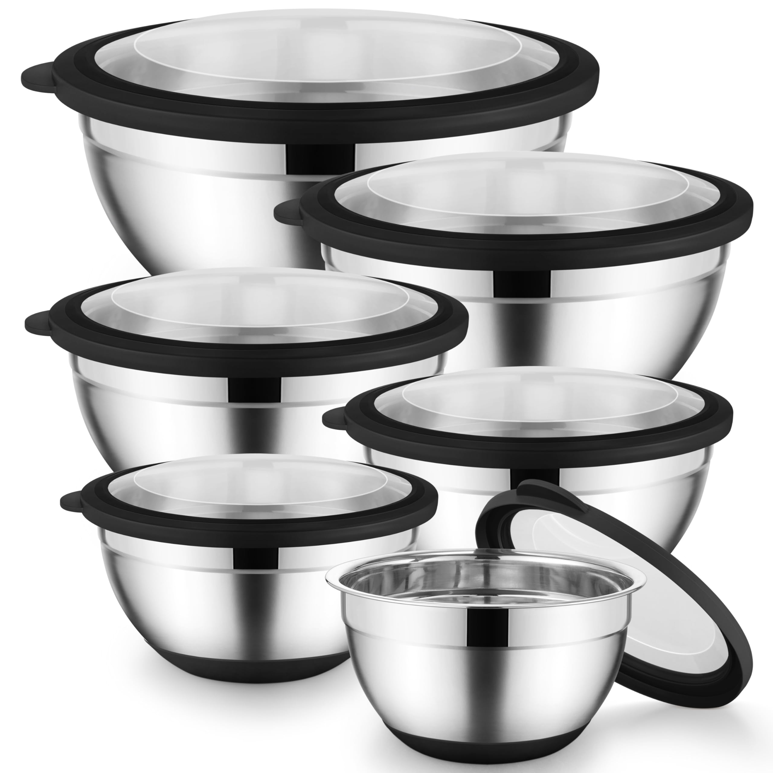 Onader Rührschüsseln mit Deckel 6er Set für Küche Edelstahl Metall Nistschalen mit rutschfestem Boden Schwarz - Größe 1, 1,5, 2, 2,6, 3,5, 7QT