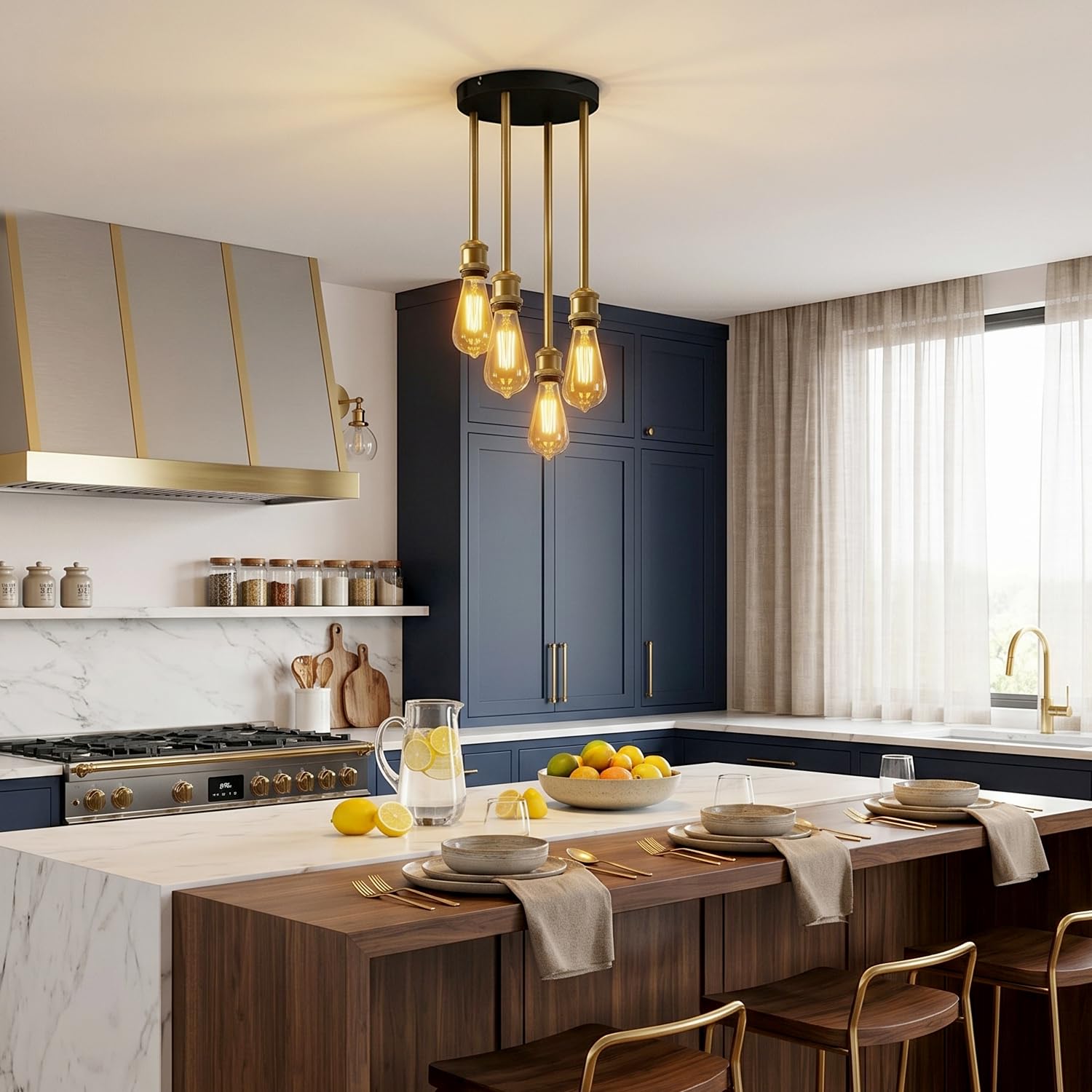 ANWIO Lampadario a Sospensione E27, Lampada da Soffitto Industriale Vintage Nero, Lampadari Cucina 4 Luci，Lampadario Moderno Per Soggiorno, Sala da Pranzo, Camera Da Letto(Senza Lampadina)