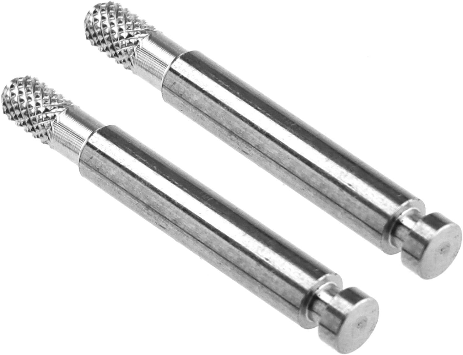 Two silver metal hinge pins.