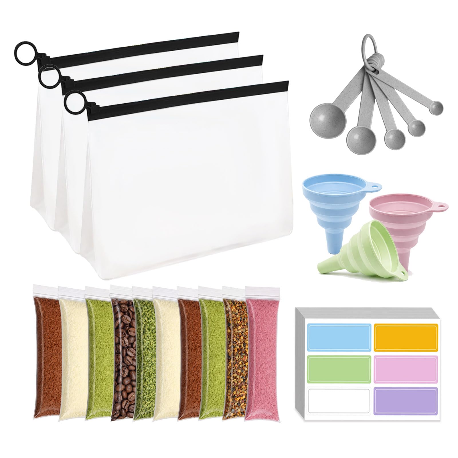 – 100 PCS Protein Powder Dispenser Set | Portable Protein Powder Storage Pots with Funnel, Labels & Measuring Spoon, Travel Protein Powder Containers for Gym, Fitness, Workouts, Travel and Trips