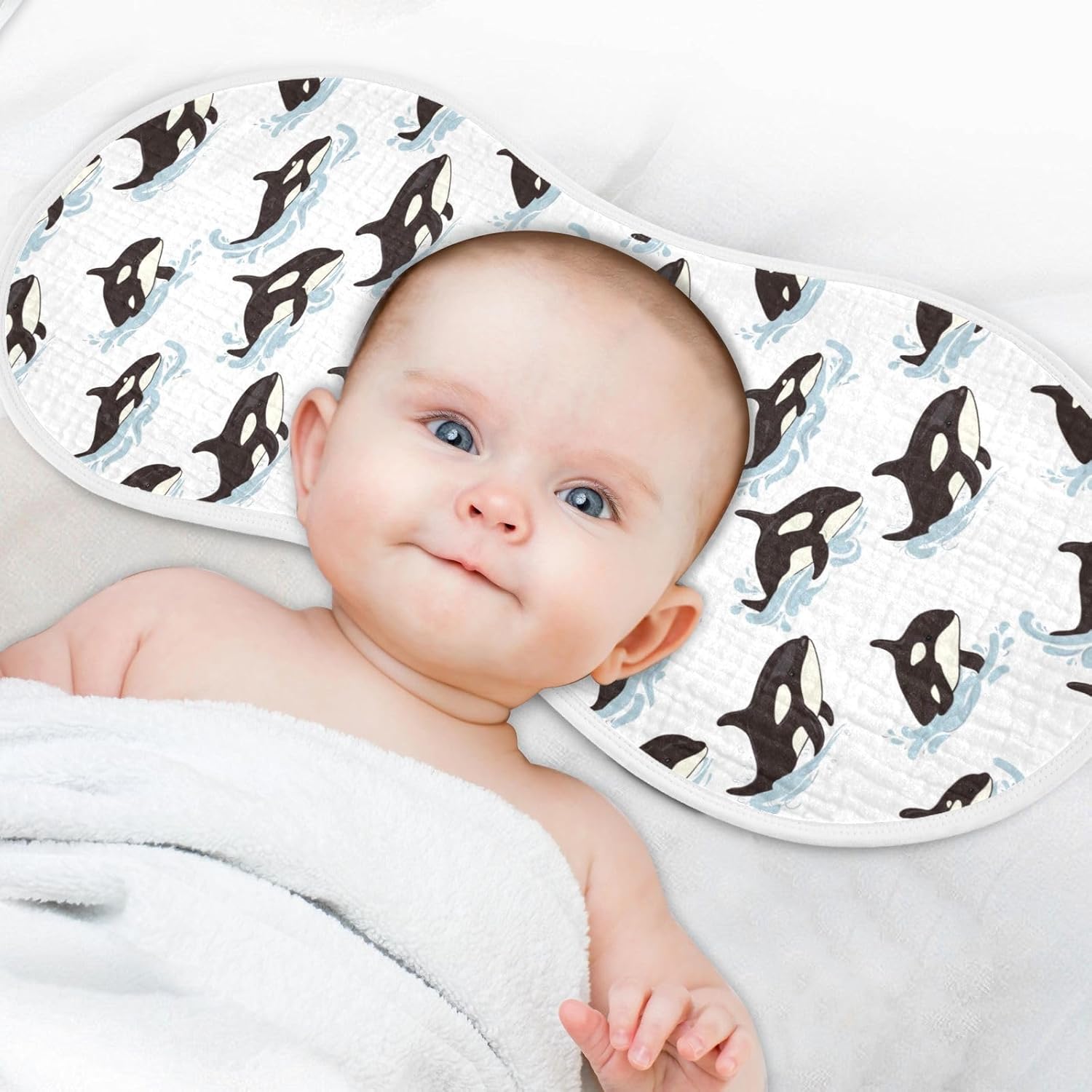 Muslin Burp Cloths for Baby Boys and Girls - 4-Pack Ultra Absorbent Killer Whale Orca Muslin Washcloths, Newborn Towel, Milk Spit Up Rags, Burp Cloth Bib for Unisex, 22 x 11 Inch