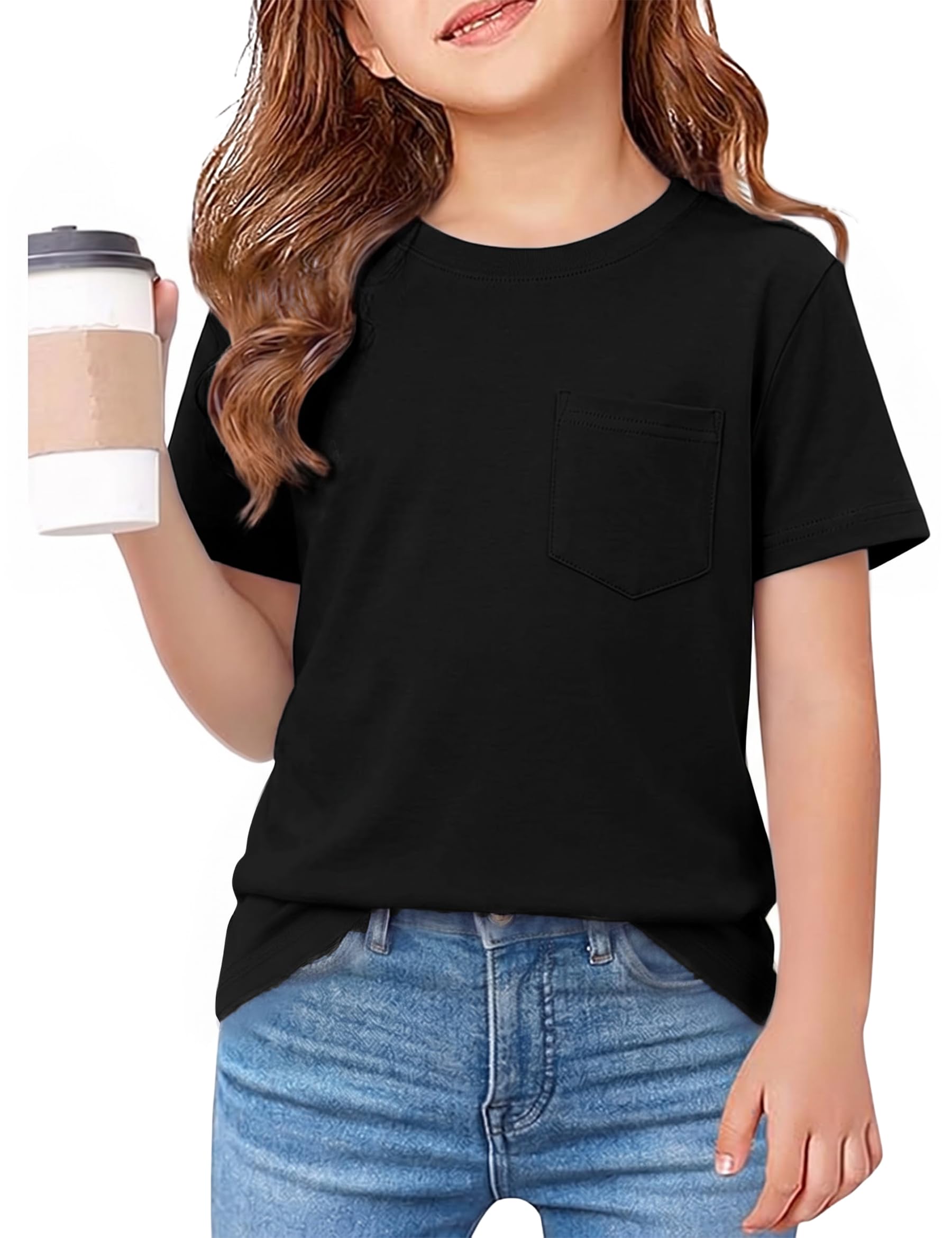 Leversic T-Shirt Mädchen Sommer Kurzarm Basic Tops Einfarbiges Rundhals Kinder Sport Mit Taschen Tshirt für Mädchen 6-15 Jahre