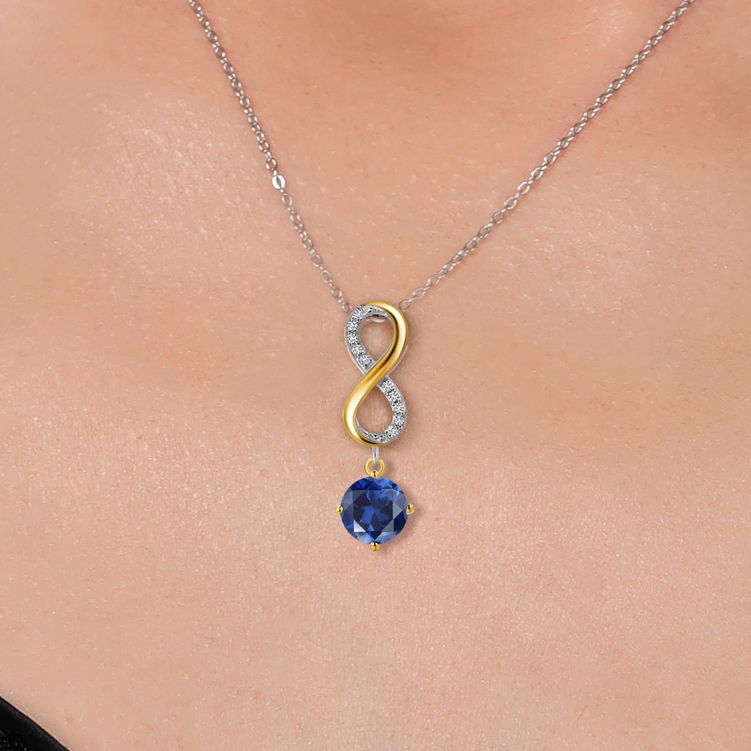 Gem Stone King 925 Silver and 10K Yellow Gold Blue Created Sapphire and Lab Grown Diamond Pendant Necklace for Women | 2.08 Cttw | Gemstone September Birthstone | Round 6MM | With 18 Inch Silver Chain - Image 3