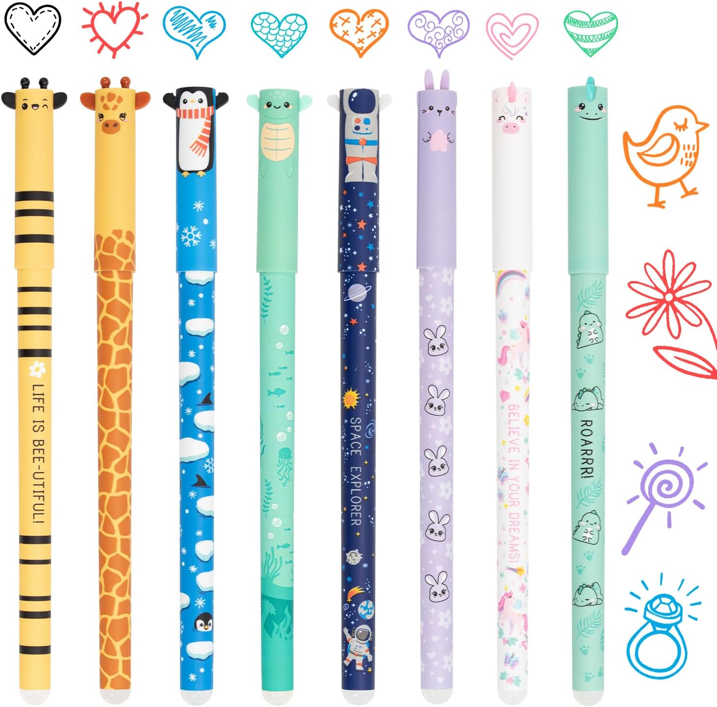 Zouwel Radierbare Stifte, 8er Set Gelstifte Radierbar mit Tiermotiven Designs, 0,5mm Spitze Radierbarer Kugelschreiber für Schule & Bürobedarf (Mehrere Farben)