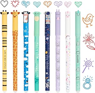 Zouwel Stylos Effaçables, Lot de 8 Stylos à Gel Effaçables avec Dessins d'Animaux, Pointe de 0,5 mm Stylo à Bille Effaçable pour Fournitures de Bureau et d'École (Plusieurs Couleurs)