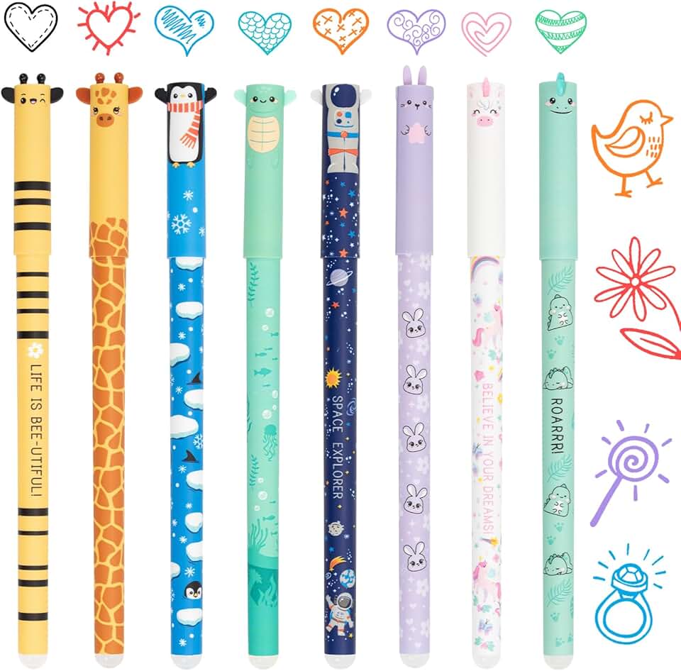 Zouwel Radierbare Stifte, 8er Set Gelstifte Radierbar mit Tiermotiven Designs, 0,5mm Spitze Radierba