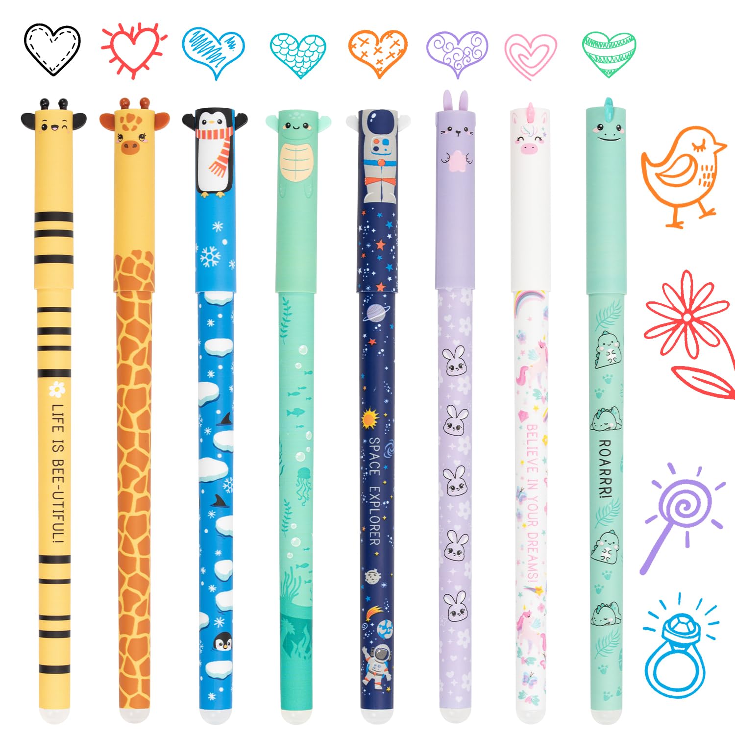 Zouwel Erasable Pens, 8 PCS Erasable Gel Pens with Animal Motifs Designs, 0.5 mm Erasable Ballpoint Pen for School & Office Supplies (8pcs)