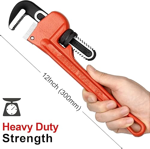 Vista 5 de Jetech 12-inch Heavy Duty Straight Pipe Wrench, Adjustable Aluminum Plumber with Floating Hook Jaw and I-Beam Handle, Red