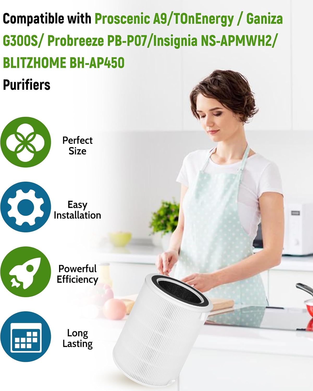 G300S Replacement Filter Compatible with Ganiza Air Purifiers G300S /Proscenic A9/ Probreeze PB-P07, 4-stage Filtration with Activated Carbon Filter and 2 Counts Pre-filter