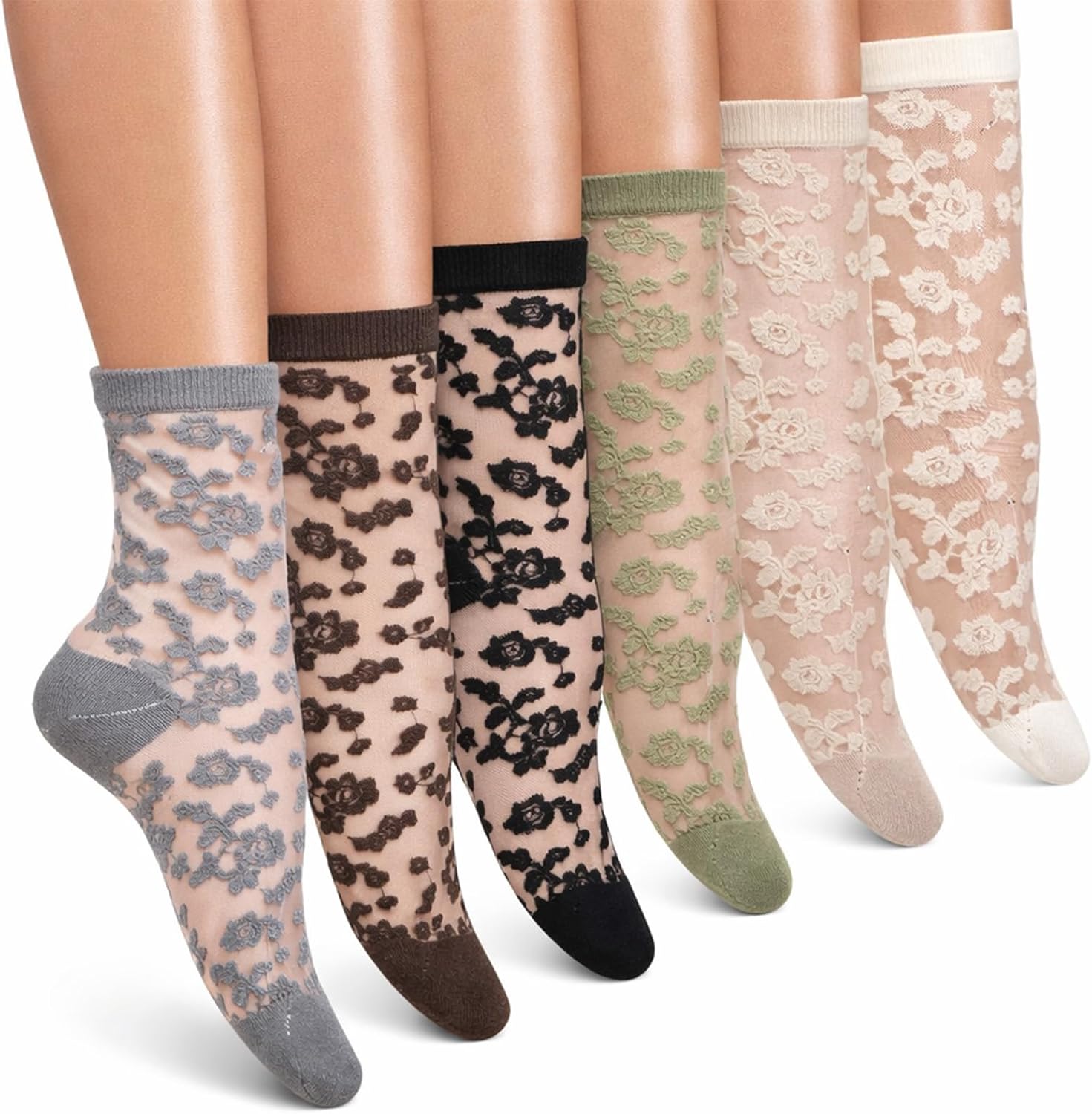 6 Pairs Womens Ankle Sheer Socks Spring Summer Vintage Flower Thin See Through Mesh Lace Elastic Jacquard Transparent Socks Size 4-8