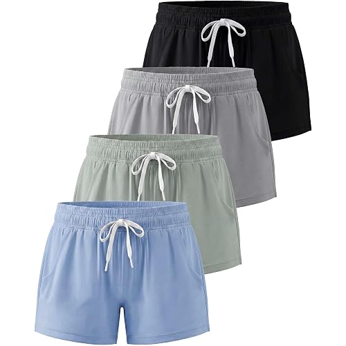 Real Essentials 4 Pack: Girls Athletic Performance Dry-Fit Running Shorts with Drawstring & Pockets