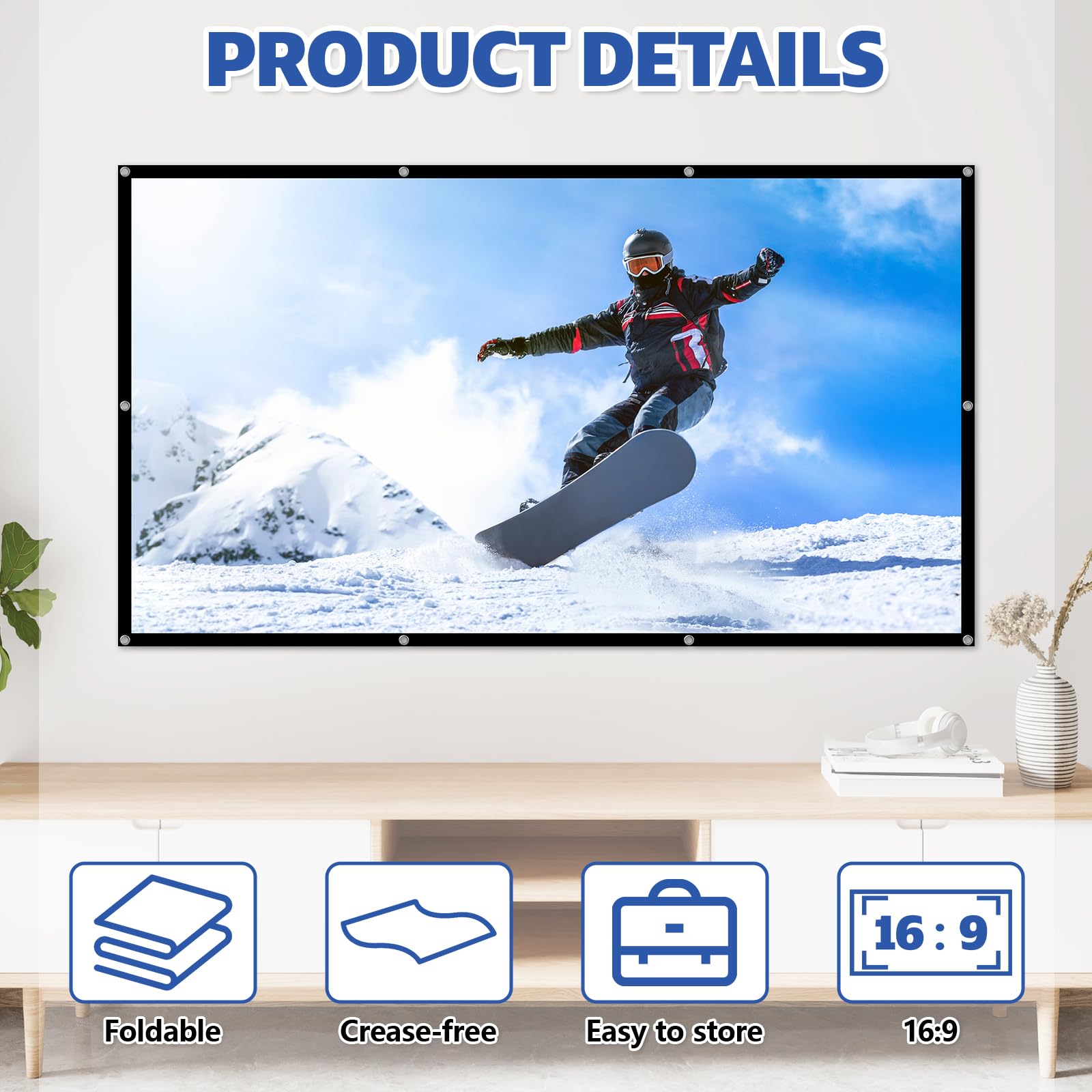 Leinwand Beamer 100 Zoll, 16:9 HD Faltbarer Beamer Leinwand, Anti-Falten 4K Projector Screen, Doppelseitige Projektion Leinwände für Camping und Heimkino, Zuhause Schule Treffen(221 x 125cm)