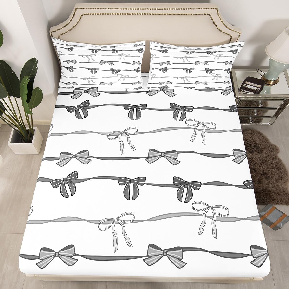 Feelyou Bowknot Fitted Sheet Queen Size Bow Tie Butterfly Knot Princes Bedding Set Cartoon Bowknot Bed Sheet Set Watercolor Bow Bed Cover White Grey Bed Set
