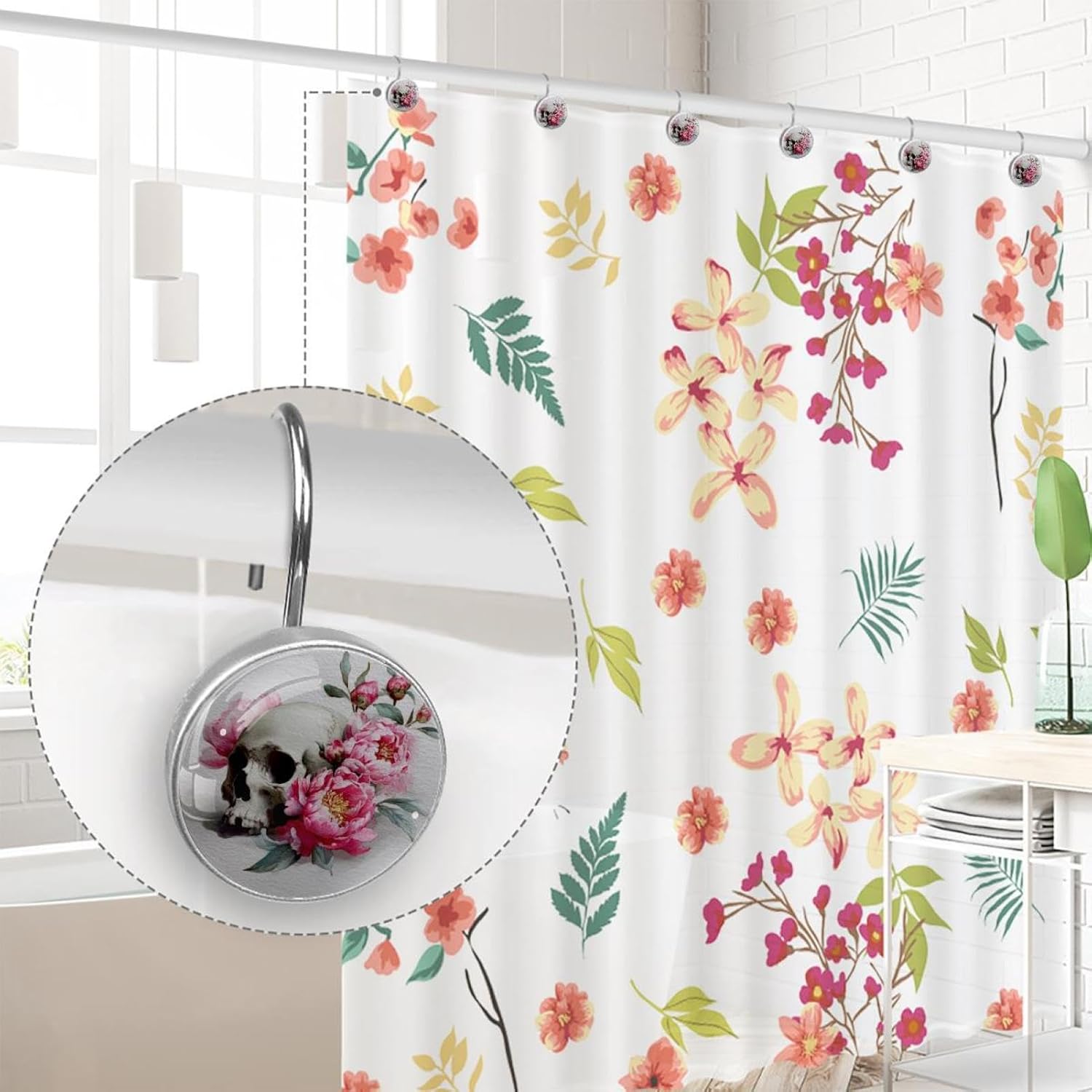 Watercolor Skull and Peonies Flowers (11) Shower Curtain Hooks - Set of 12 Shower Curtain Rings - Shower Hooks for Bathroom Shower Rods Curtains and Liners
