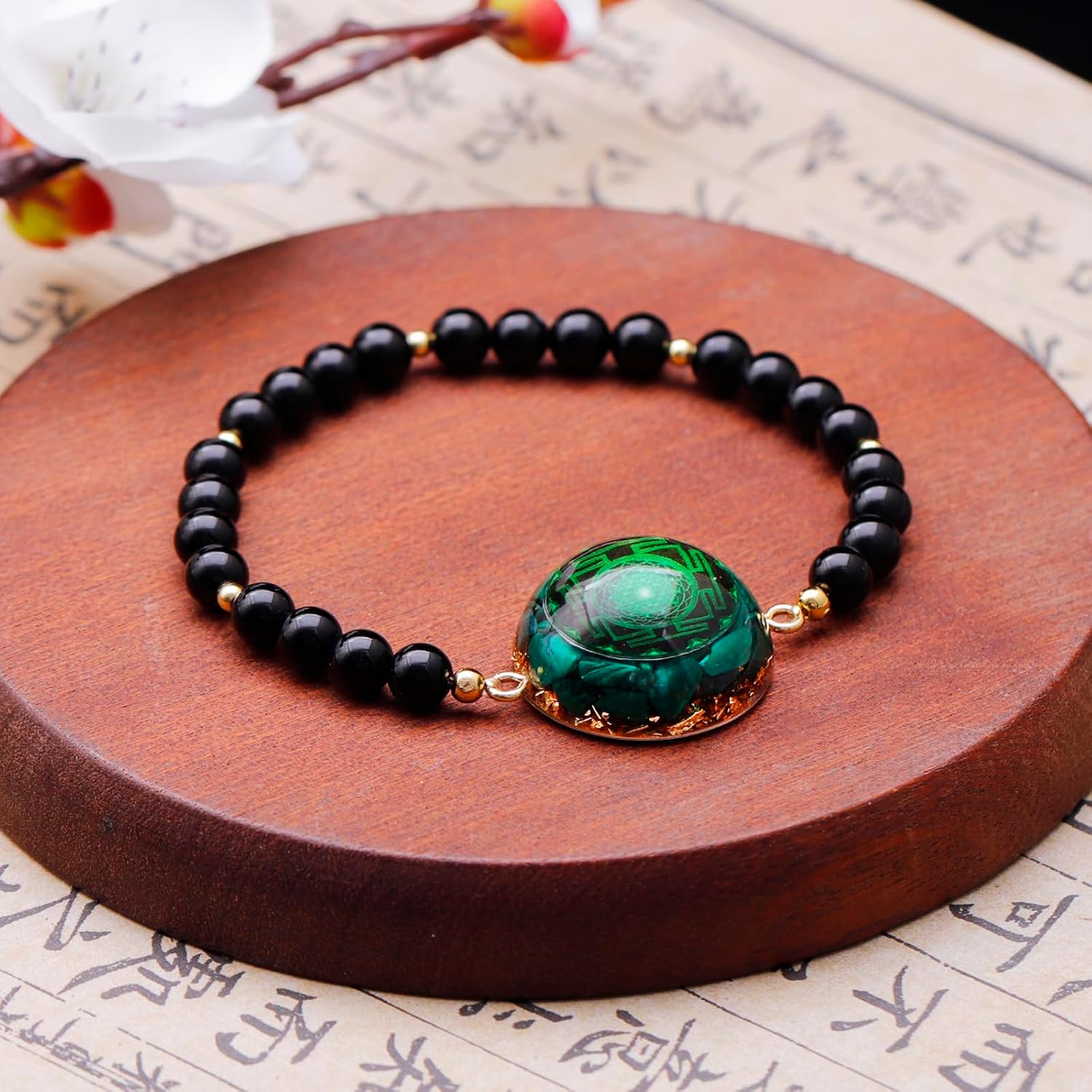 Day Day Up Orgonite Bracelet With Natural Malachite Gemstone & Sri Yantra | Adjustable Healing Quartz Crystal & Chakra Jewelry For Women & Men
