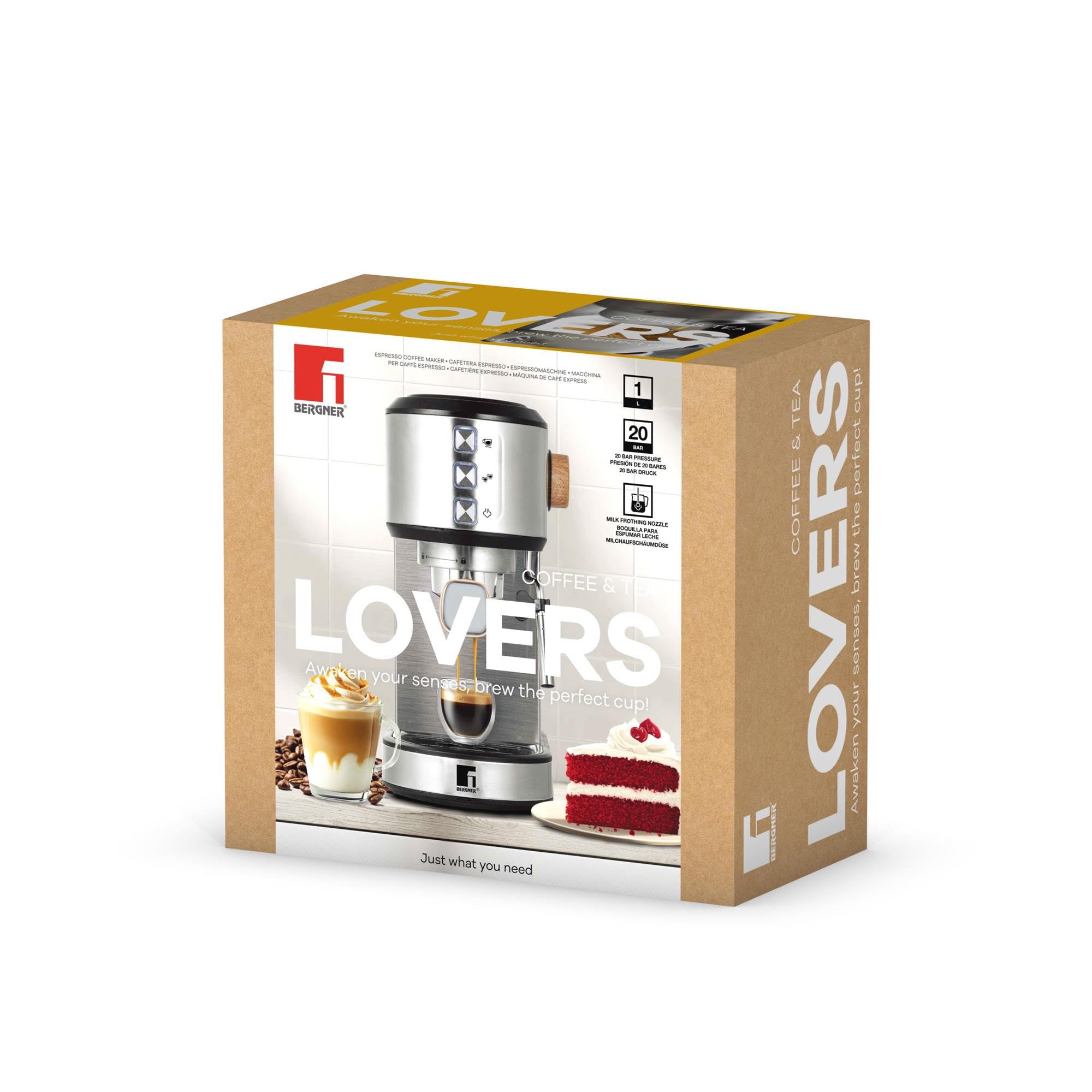 Bergner LOVERS Cafetera Espresso 1450W 20Bares con Depósito de 1L