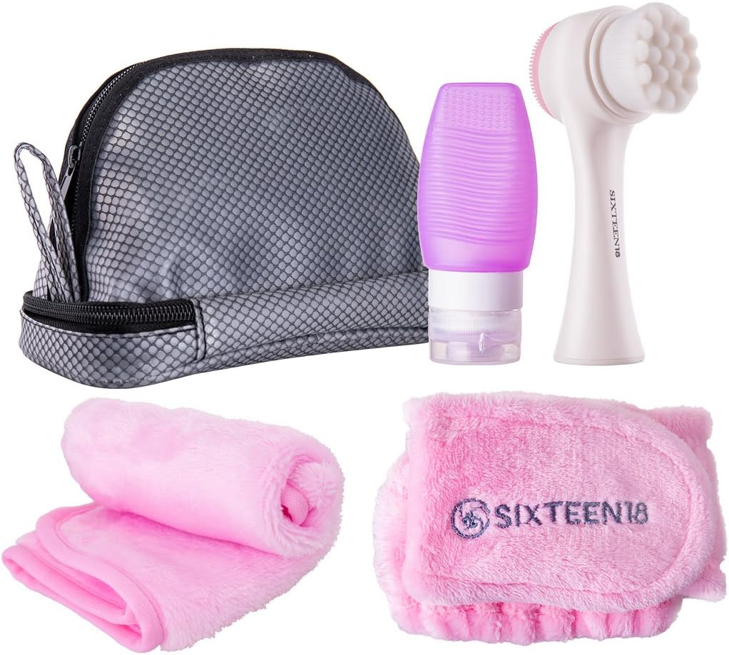 SIXTEEN18 Travel Toiletry Case Kit | Includes Makeup Remover Cloth, Face Wash Headband, Dual-Sided Facial Cleansing Brush, Leakproof Travel Bottles, w/Packing Cubes Bag