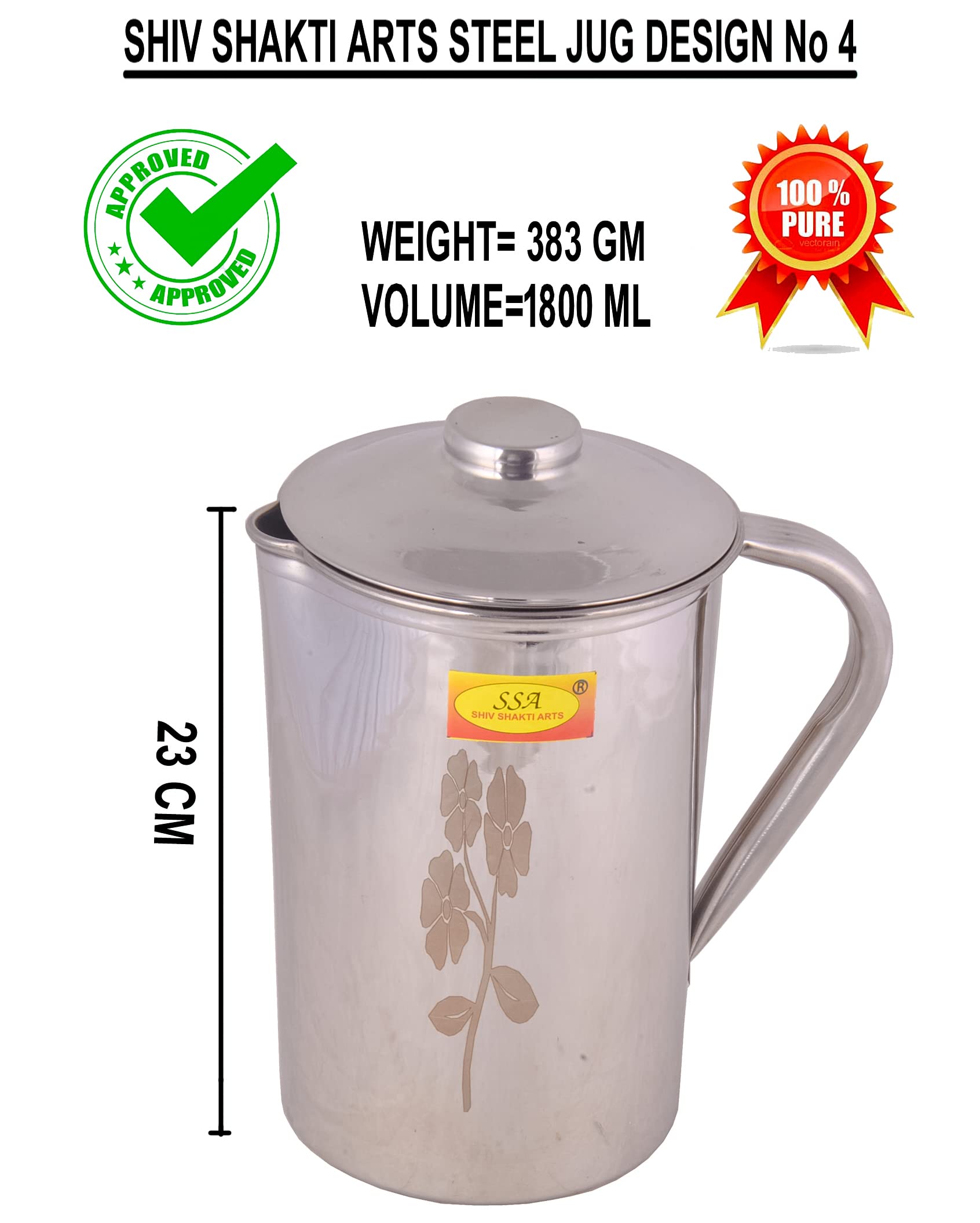 Shiv Shakti Arts® Pure Stainless Steel Water Jug with Lid Laser Flower Design Volume= 1.8 Litre (1 Piece,Silver,No 4)