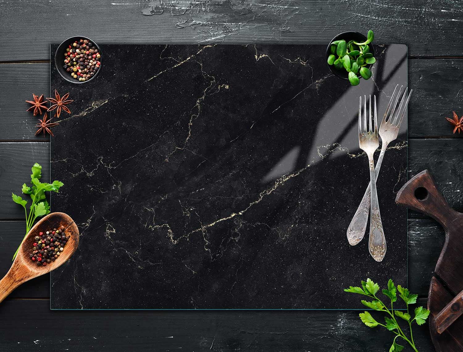 Copri piano cottura induzione 70x52 cm copertura per piano cottura in vetroceramica 1 pezzi universale per piastre di cottura paraspruzzi tagliere in vetro temprato, Marmo nero