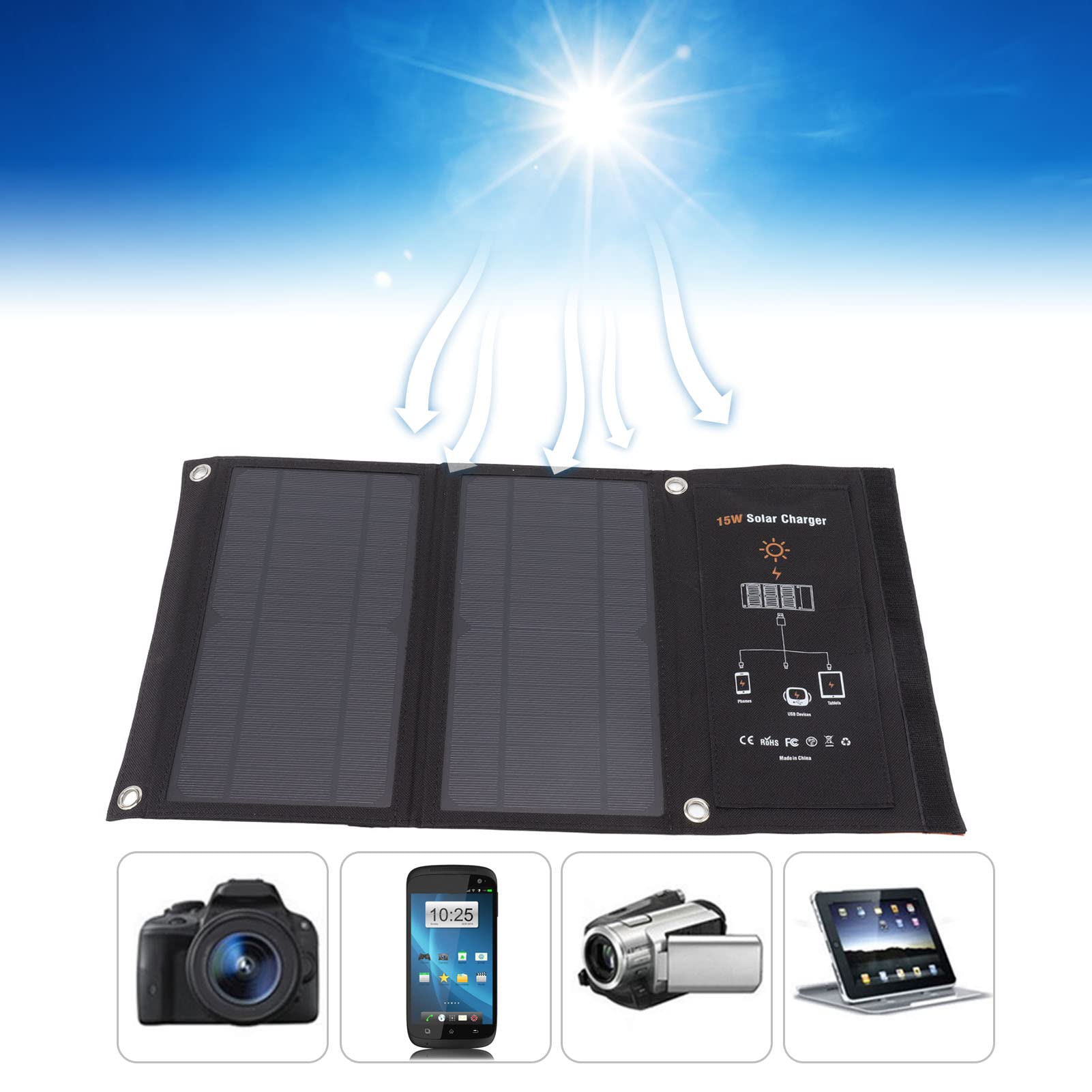 Foldable Solar Charging Pack, Dual USB 5V 2.5A Black Solar Panel Charger Overcharge Protection for Camping