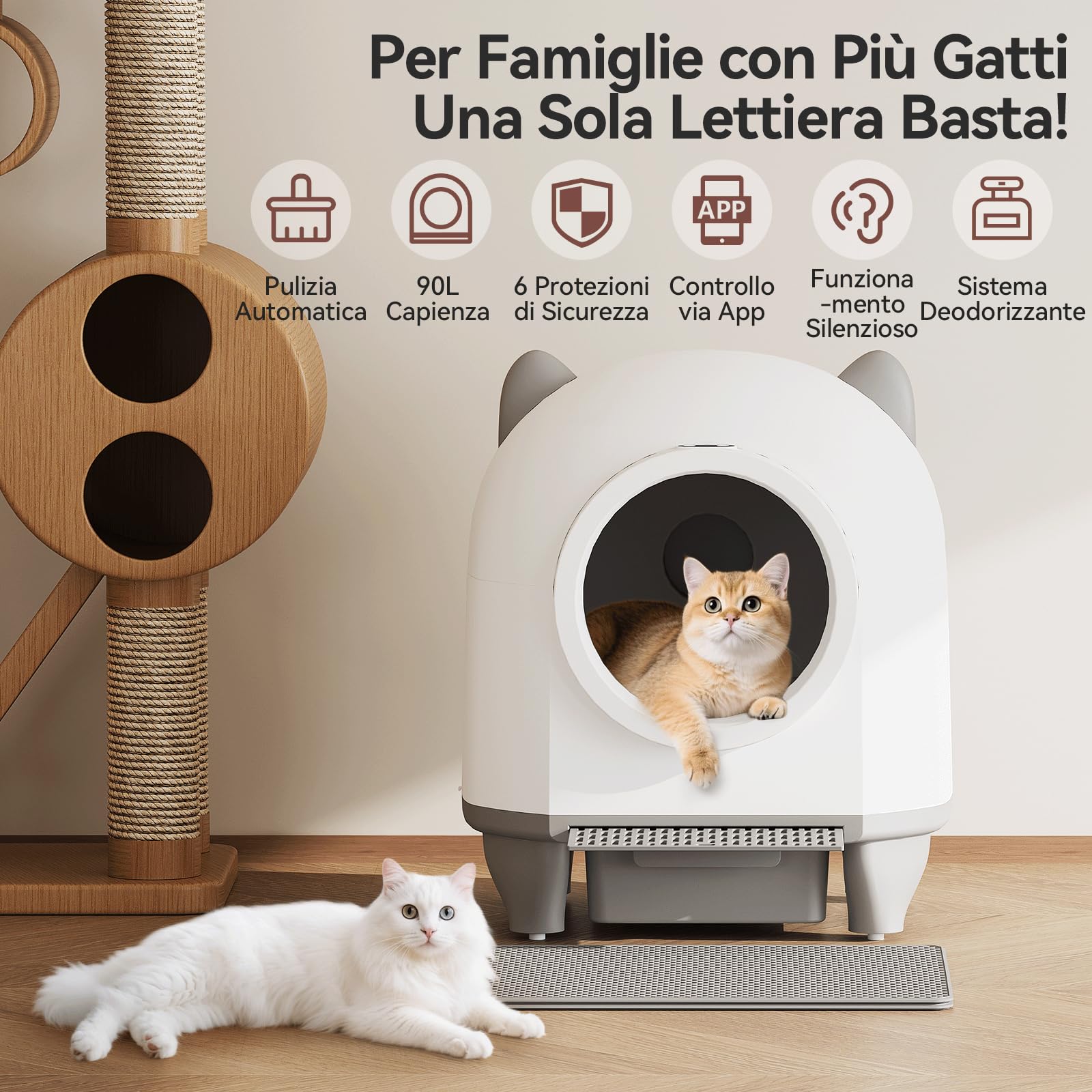 Devoko lettiera gatto autopulente,Design con orecchie da gatto,toilette per gatti XXL,Controllo remoto, ampio spazio, Sicurezza,Anti-odore,90L lettiera automatica per felini,Elettrica per più gatti.