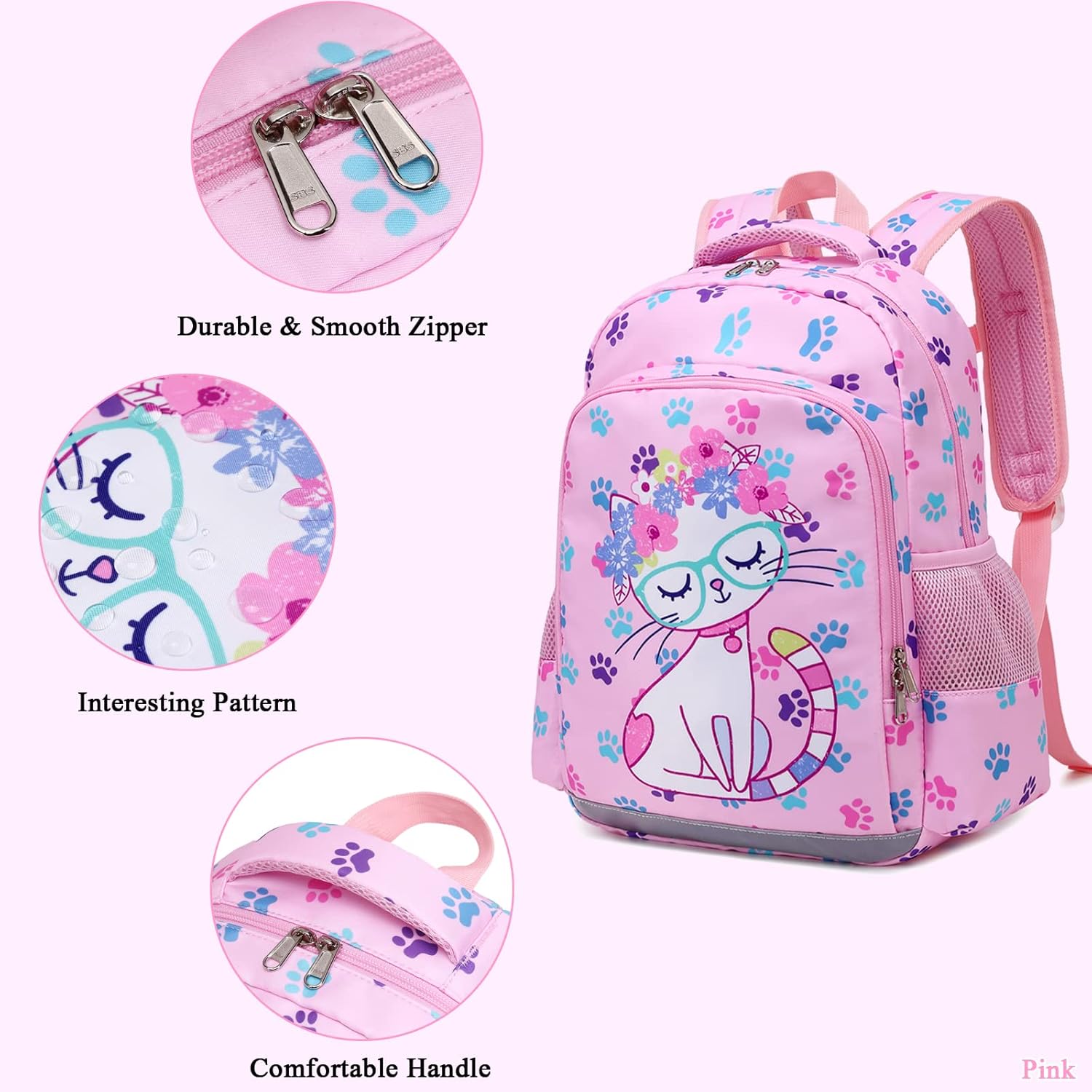 Octsky Backpack for Girls Kids School Backpacks with Lunch Box Preschool Kindergarten BookBag Set With Chest Strap Cat Pink - Image 4