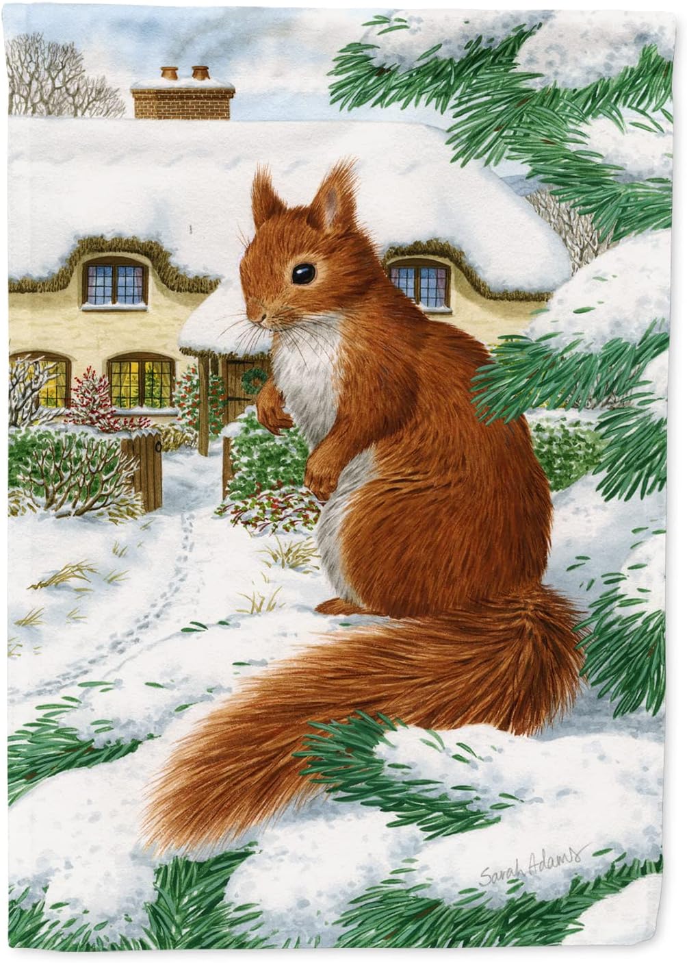 Caroline's Treasures ASA2014CHF Red Squirrel & Cottage House Flag Large Porch Sleeve Pole Decorative Outside Yard Banner Artwork Wall Hanging, Polyester, House Size, Multicolor