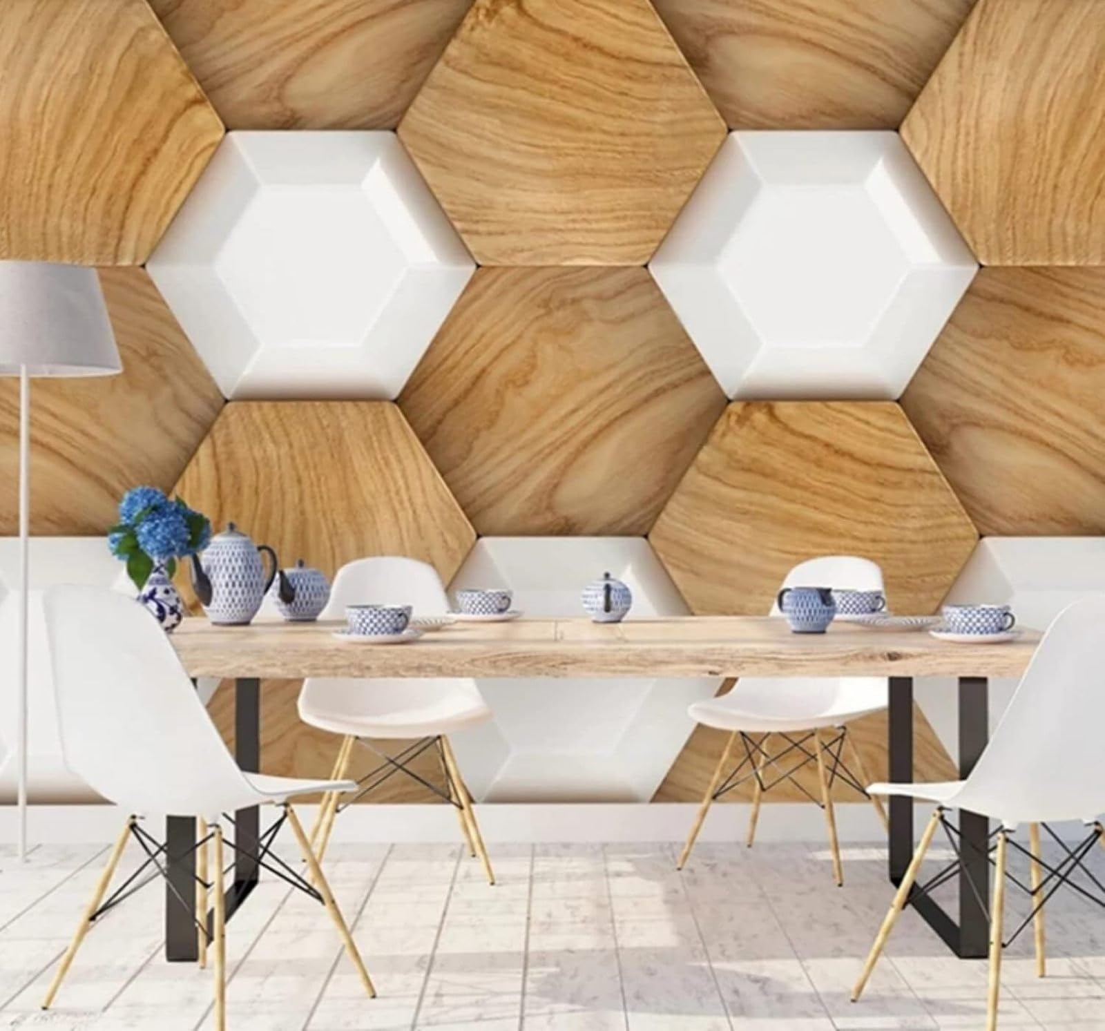 Abstract Three Dimensional Geometric Hexagon Woodgrain 3D Wallpaper Easy Install Feature Office Living Room Sofa Bedroom TV Background Wall Decoration-300cm×210cm