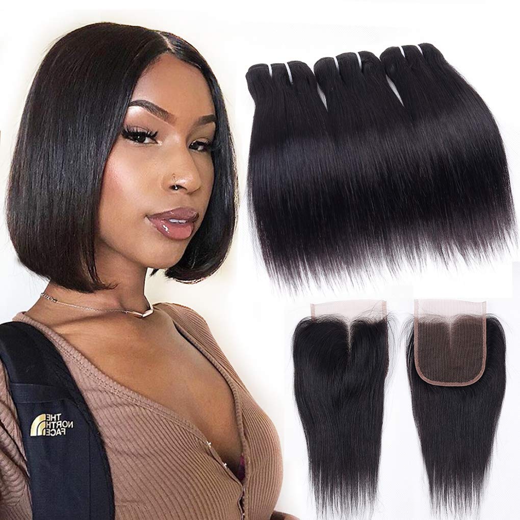 12A Human Hair Bundles with Closure Straight Bundles 8 8 8+8 Inch 4x4 HD Lace Closure Human Hair 100% Brazilian Virgin Hair Extensions 3 Bundles Deals Hair Quick Weave Bundle for Wome 50g/bundle
