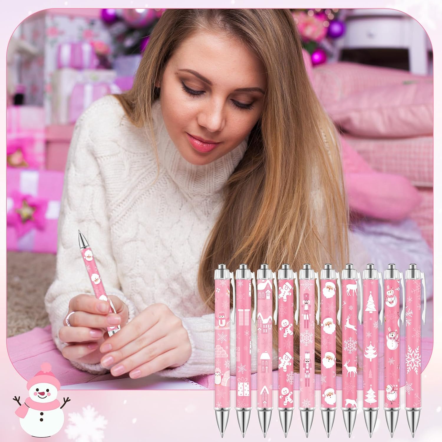 Dispowreath 30 Pcs Christmas Pink Ballpoint Pens Gift 1.00 mm Black Ink Snowman Smooth Writing Pens for Christmas Winter Themed Party Favors Xmas Gifts image 5