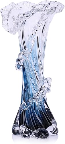 Hand Blown Blue Glass Vase, Unique Art Beautiful Ocean Glass Vase for Coastal Home Decor, Coffee Table, Living Room, Office Decor - 11.8" H(Large)