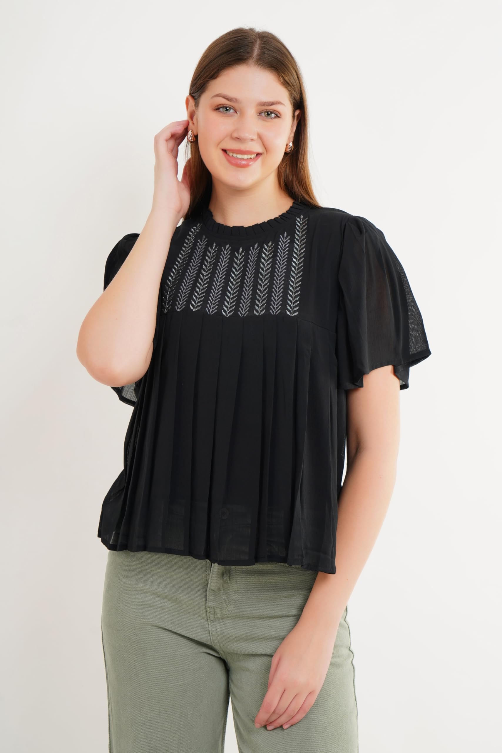 Women Ruffled Neck Black Embroidered Top with Thread Work-image-32