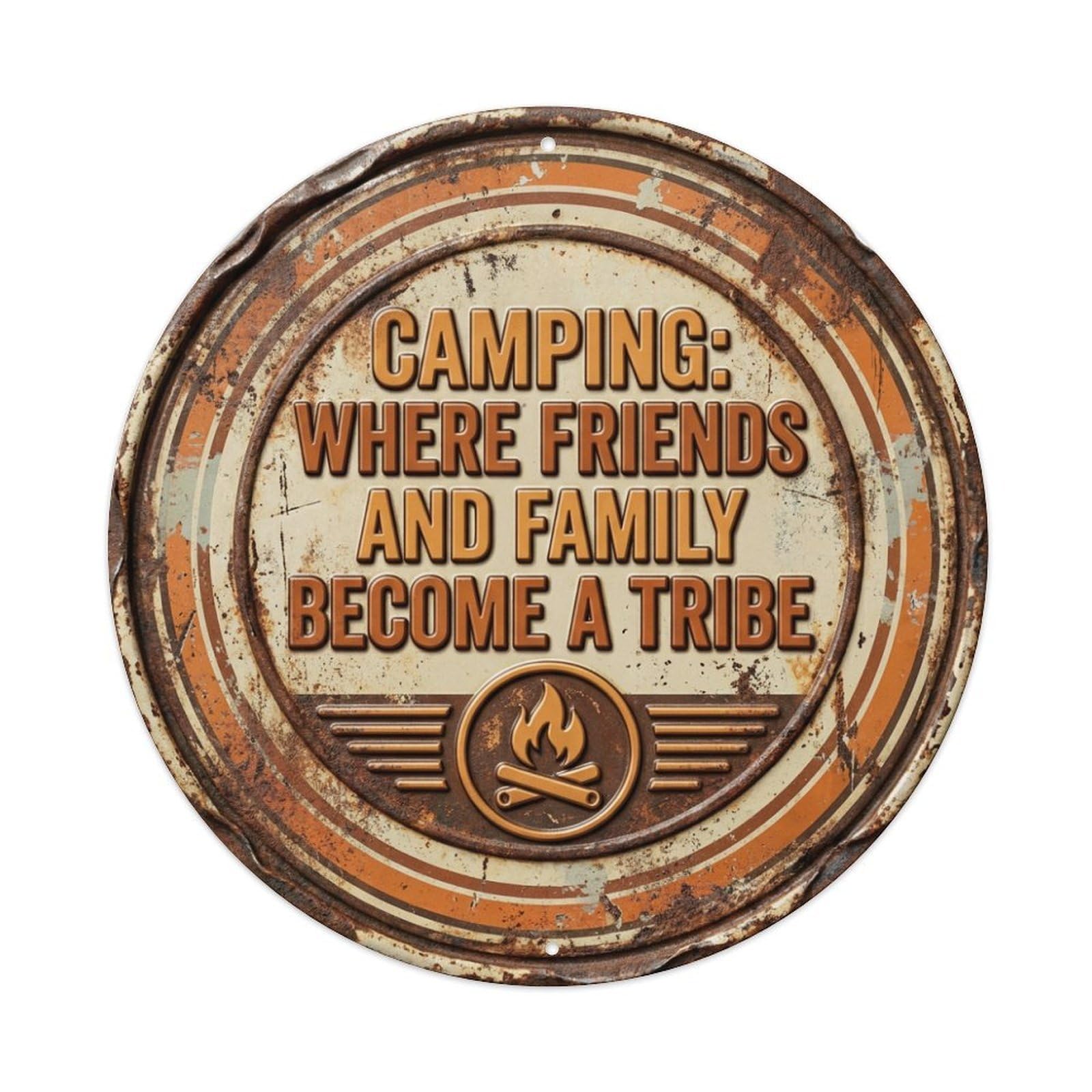 Camping Where Friends Family Classic Garage Ornament Retro Slogans Vintage Metal Tin Sign Plaque Wall Decor for Cafe, Club, Garden Round Metal Poster 8x8Inch