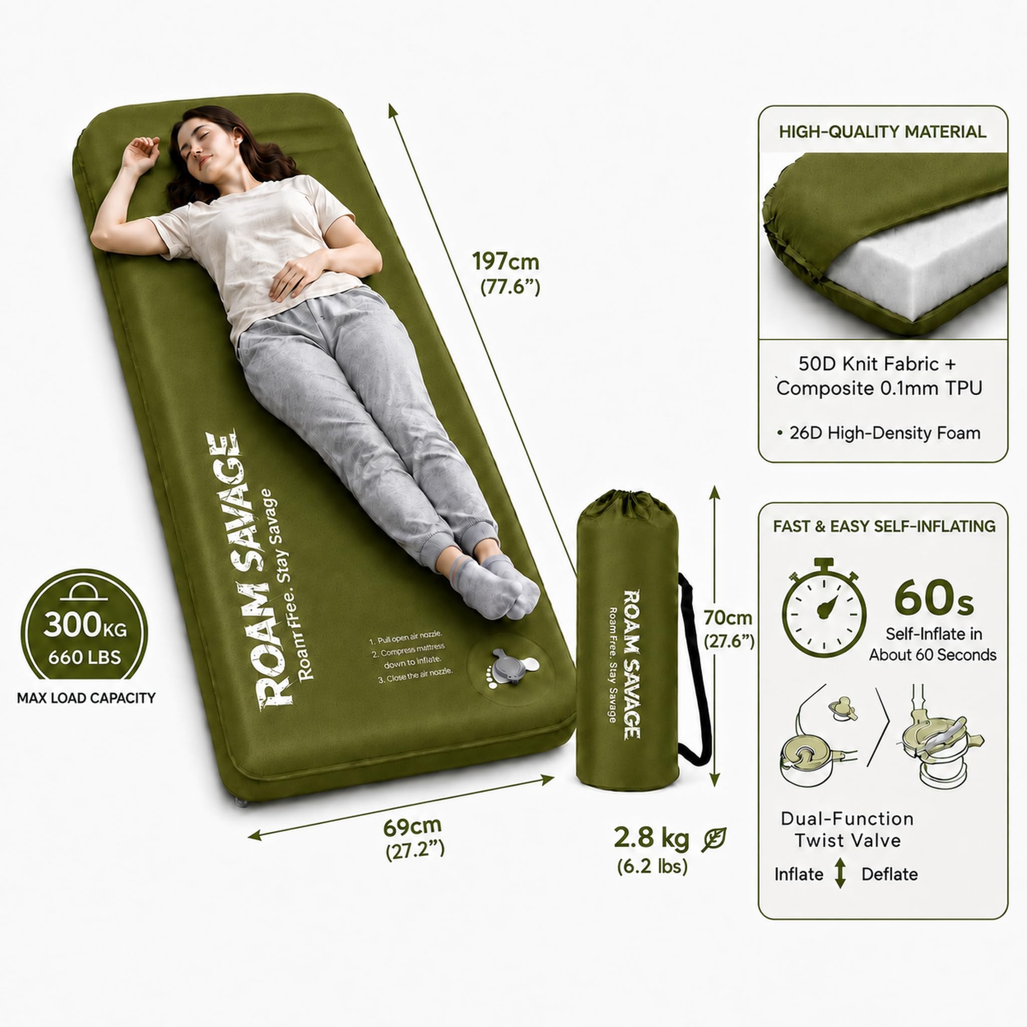 ROAM SAVAGE Tapis de camping autogonflant avec oreiller intégré, léger