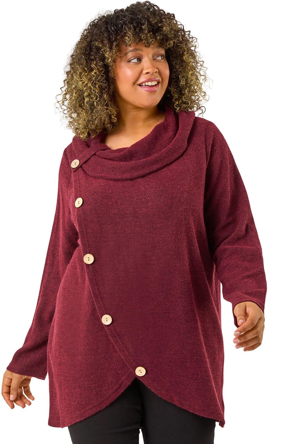 Roman Curve Cowl Neck Button Wrap Top, Red, Size 18, Women