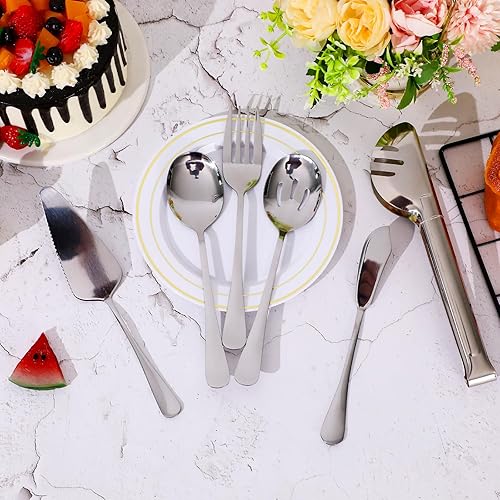 Miniatura 7 de Juego de 24 utensilios para servir de fiesta de acero inoxidable, cubiertos resistentes, incluye cucharas grandes de sopa, espátulas, tenedores,
