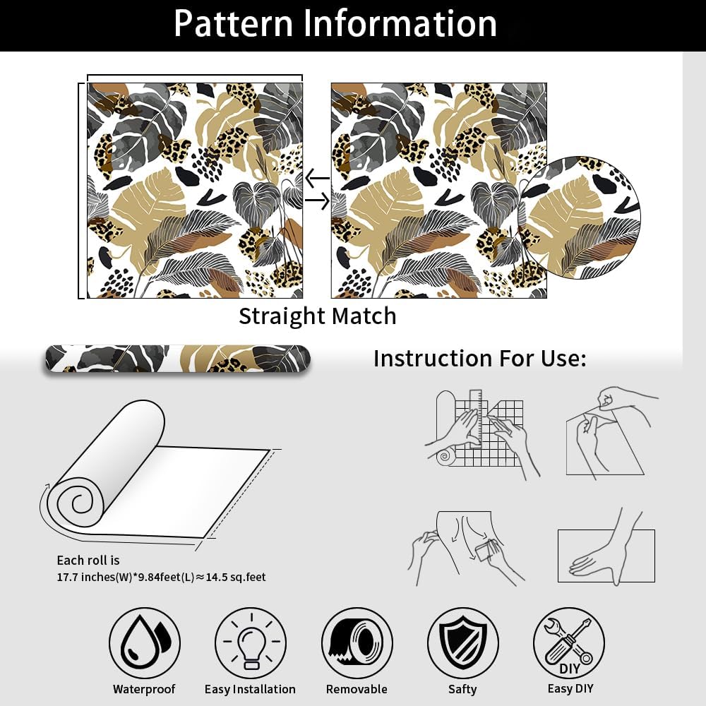 17.7"x118" Vintage Brown Grey Leaf Wallpaper Tropical Palm Wallpaper Self Adhesive Leopard Spots Forest Leaves Contact Paper Wall Paper Mural for Bedroom Living Room TV Sofa Background Home Decoration