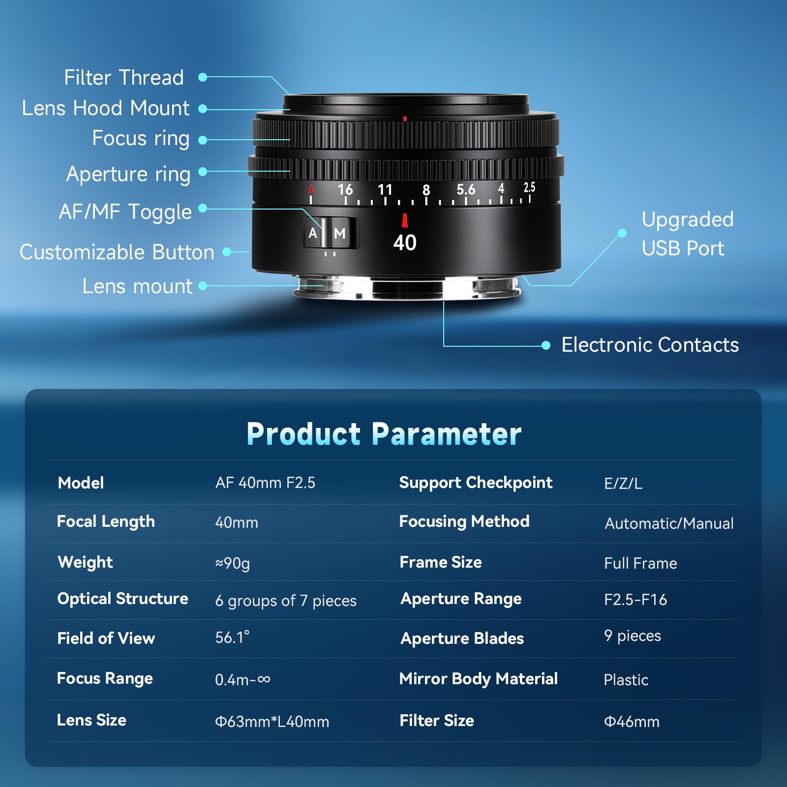 7artisans AF 40mm F2.5 Objectif Full Frame pour E-Mount,90g,Mise au Point Automatique/Manuelle,Reconnaissance oculaire Humaine,Compatible avec Sony E A1, A9, A7M, A7R, A7S, A7C, ZVE Series, FX3, A9II