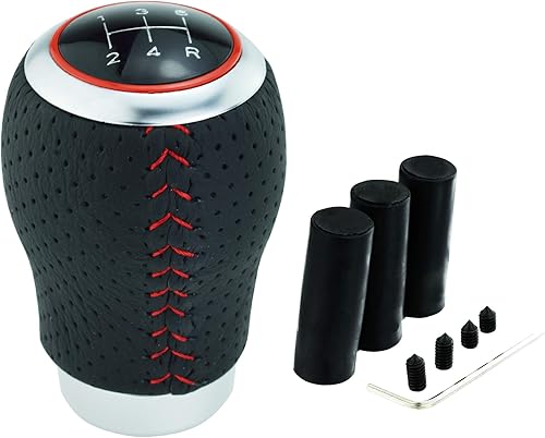 Miniatura 7 de Abfer Pomo de palanca de cambios de cuero de 5 velocidades con adaptadores para la mayoría de vehículos manuales de camiones, color rojo